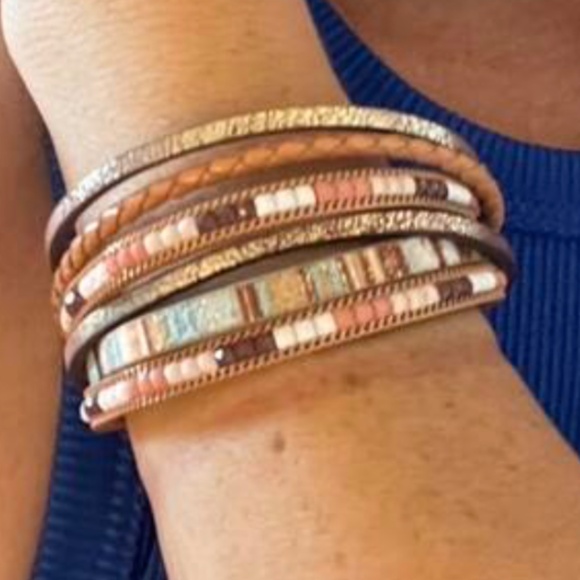 Boho Vegan Leather Multicolor Beads Magnetic Closure Bracelet - Picture 6 of 7